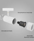 Exploded view of LED Dimmable Ceiling Spotlight Gallery Style Indoor Accent Picture Light with replaceable GU10 bulb and lampshade.