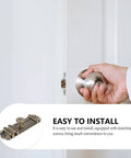 Old School 6 Inch Decorative Door Latch With Screws, hand installing vintage zinc sliding door lock on white door for home use.