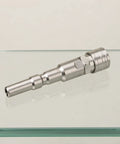 Save Time On Yard Work With This Straight Up Stainless Steel Pressure Washer Quick Connect Coupler Featuring A Super Fast Quarter Inch Male Garden Hose Adapter That Snaps On Tight To Any High Pressure Car Wash Gun, stainless steel quick connect coupler on glass surface.