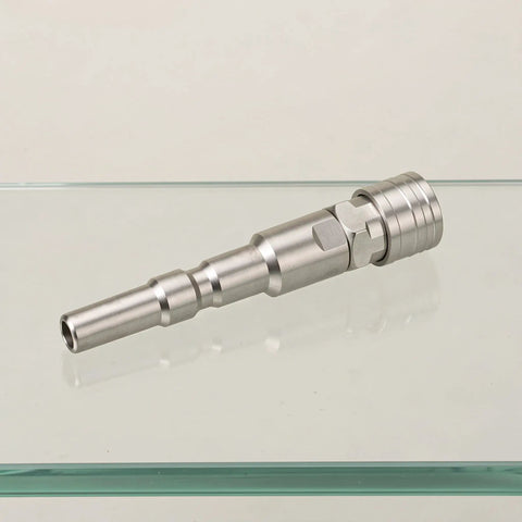 Save Time On Yard Work With This Straight Up Stainless Steel Pressure Washer Quick Connect Coupler Featuring A Super Fast Quarter Inch Male Garden Hose Adapter That Snaps On Tight To Any High Pressure Car Wash Gun, stainless steel quick connect coupler on glass surface.