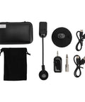 2.4G Cordless Guitar Microphone System with 360° adjustable pickup, receiver, transmitter, and cables displayed on a flat surface.