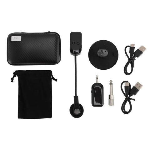 2.4G Cordless Guitar Microphone System with 360° adjustable pickup, receiver, transmitter, and cables displayed on a flat surface.
