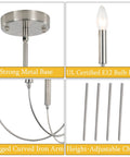 Details of Modern Farmhouse Chandelier For Dining Room, Six Lights Dope Vintage Style Brushed Nickel Hanging Light Fixture components.