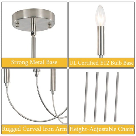 Details of Modern Farmhouse Chandelier For Dining Room, Six Lights Dope Vintage Style Brushed Nickel Hanging Light Fixture components.