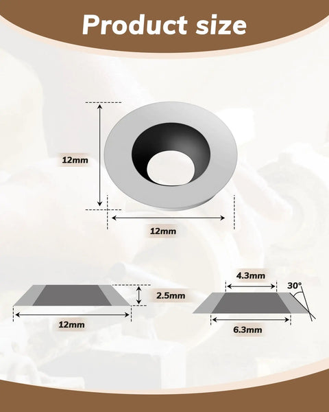 Diagram showing dimensions of 10 Piece Round 12mm Carbide Inserts for Wood Lathe Tools with Screws, including angles.