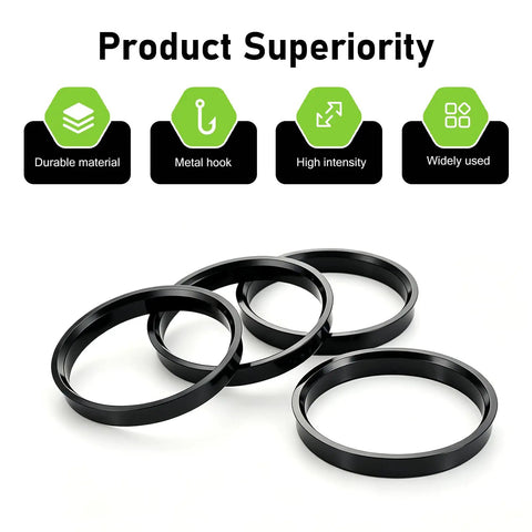 Heavy Duty 4 Pack Hub Centric Rings 73.1mm Outer 60.1mm Inner Bore Slick Black Plastic Adapters shown from above on a white background.