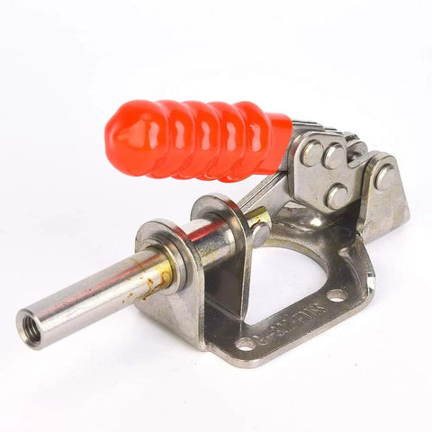 Professional Grade 304 Stainless Steel Toggle Clamp For Woodworking Quick Release Push Pull Hold Down Workbench Fixture Tool With Dead Solid 136 Kg Grip That Locks Real Tight with red handle and shiny steel body.