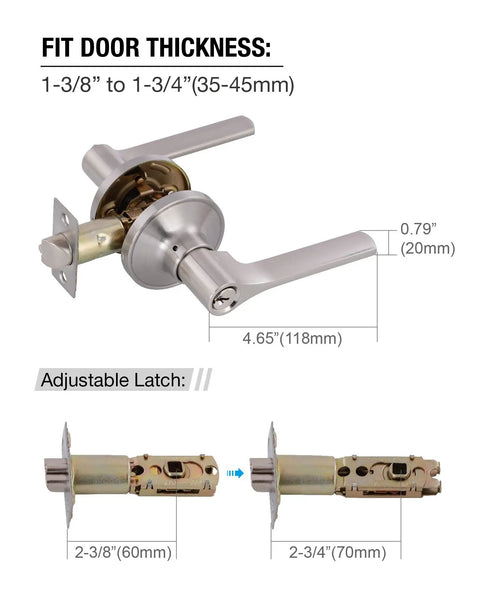 Keyed Entry Door Levers Set For Interior Doors Satin Nickel With Lock And Keys illustration with dimensions and latch details