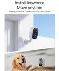 Mounted 4MP Wireless Outdoor Security Camera Solar Powered No Subscription with dog showcasing easy setup and home surveillance.
