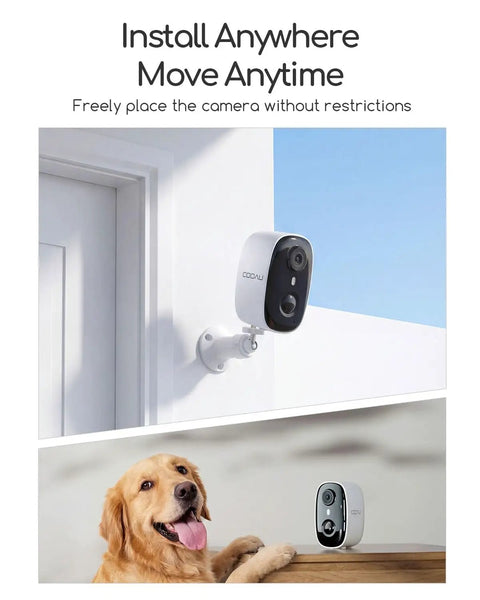 Mounted 4MP Wireless Outdoor Security Camera Solar Powered No Subscription with dog showcasing easy setup and home surveillance.