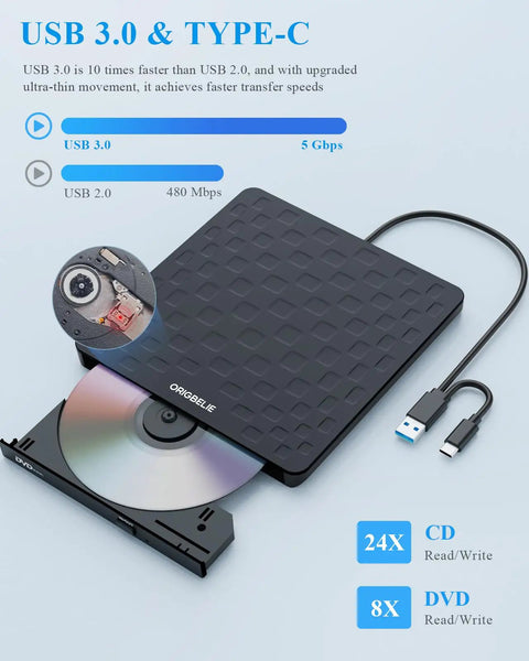 External CD DVD Drive For Laptops USB 3 Type C Plug And Play Portable Optical Drive No Driver Required USB Powered 13mm Slim DVD Player Compatible With Windows Mac Linux Travel Friendly, black USB 3.0 Type-C external CD/DVD drive with disc tray