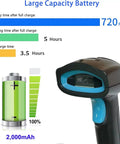 Hassle Free Wireless Bluetooth Barcode Scanner Cordless 1D 2D QR Code Reader display showing battery life and capacity.