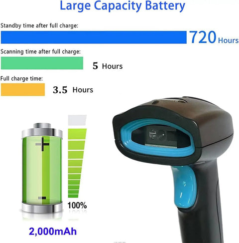 Hassle Free Wireless Bluetooth Barcode Scanner Cordless 1D 2D QR Code Reader display showing battery life and capacity.