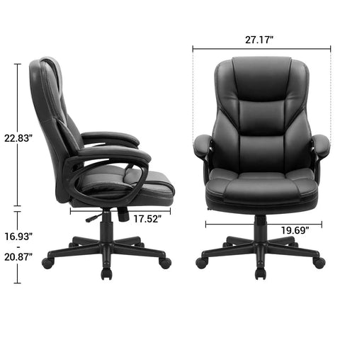 All Day Comfort Executive Office Chair With High Back And Lumbar Support, Adjustable swivel, PU leather, dimensions shown