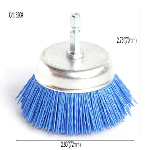 Three Piece Cup Brush Set With Nylon Composite Abrasive For Drills Grit 80 120 320 With Quarter Inch Shank Heavy Duty