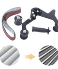 Premium Belt Sander Attachment For Angle Grinders Featuring Portable Pipe Polisher Grip Handle with sanding belts and rollers.
