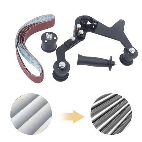Premium Belt Sander Attachment For Angle Grinders Featuring Portable Pipe Polisher Grip Handle with sanding belts and rollers.