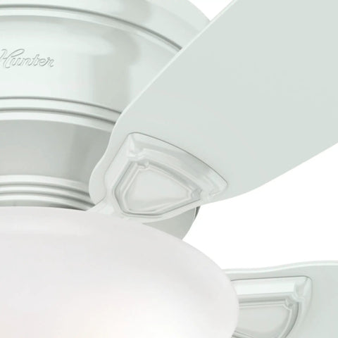 Close-up of Low Profile 48 Inch White Ceiling Fan With LED Light Kit And Pull Chain Whisper Wind Motor For Quiet Operation