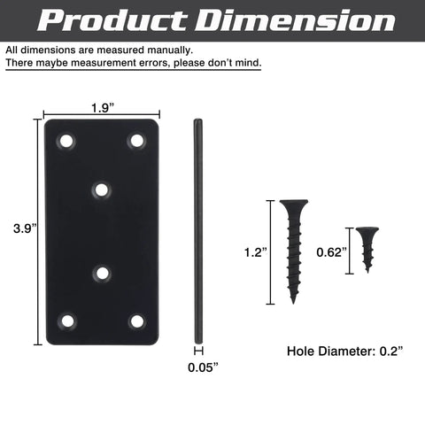 Dimensions of Heavy Duty Mending Plates And Black Corner Braces Built Tough As Nails For Furniture Repairs Or Woodworking Fixes.