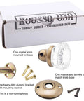 Single Dummy Crystal Clear Fluted Glass Knob Non Turning Surface Mount For One Side Of Closet Pantry French Door Antique Brass Finish Vintage Style For Home And Office Decor Old School Charm, with parts and packaging shown.