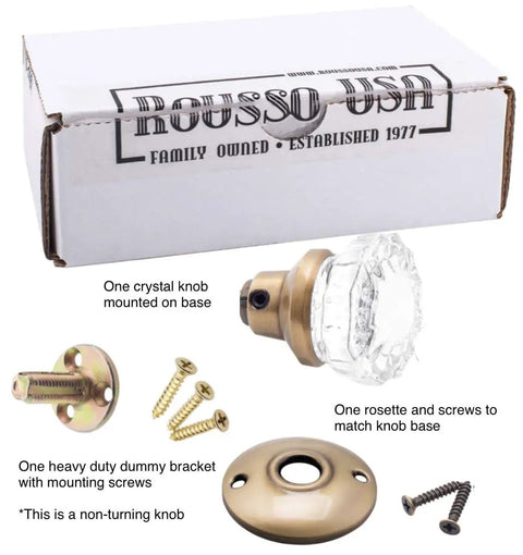 Single Dummy Crystal Clear Fluted Glass Knob Non Turning Surface Mount For One Side Of Closet Pantry French Door Antique Brass Finish Vintage Style For Home And Office Decor Old School Charm, with parts and packaging shown.