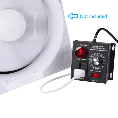 High Performance Variable Speed Controller For DIY Enthusiasts, SCR Voltage Regulator, black, next to a white fan case.