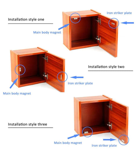 Heavy Duty Magnetic Door Catch Set 40 Lbs Pull Strong Magnet Cabinet Latches installation styles shown on wooden cabinets