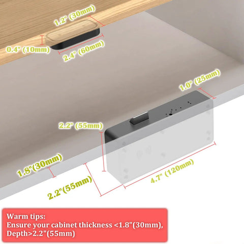 Dimensions of Smart Cabinet Lock With Multi Access Hidden RFID Keyless Bluetooth Lock for installation in drawers and cabinets