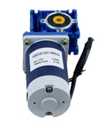 Hella Tough 60W DC Worm Gear Motor With 12V And 24V Hookup Featuring Knob Speed Control and Tight Right Angle Drive, blue casing and motor details.