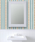 Custom Printed Vinyl Wall Covering With A Subtle Leather Look And Modern Stripe Pattern in a bathroom setting, featuring blue and brown details.