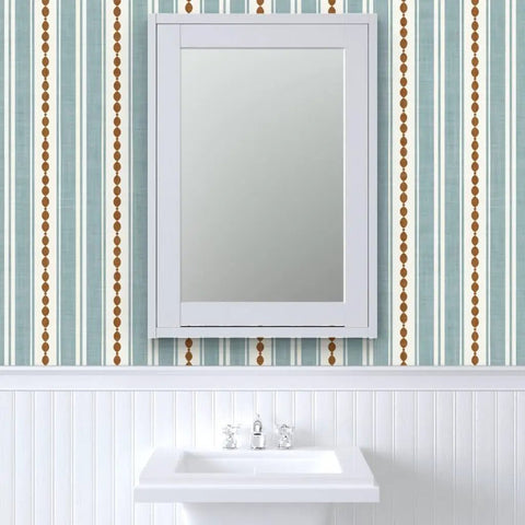 Custom Printed Vinyl Wall Covering With A Subtle Leather Look And Modern Stripe Pattern in a bathroom setting, featuring blue and brown details.