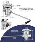 Three And A Half Inch Commercial Sink Drain With Twist Lever Handle For Restaurant And Bar Sinks, Overflow Inlet, dimensions outlined