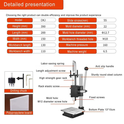 Diagram of Heavy Duty Leather Hole Puncher For DIY Leather Crafting Hand Punching Machine With specifications and parts