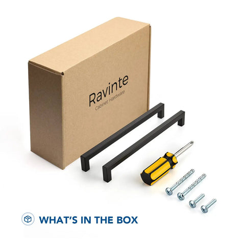Five Pack Matte Black 10 Inch Cabinet Pulls Square Kitchen Drawer Handles With Screws And Included Screwdriver Durable Hardware For Cabinets And Drawers Easy Install For Modern Kitchens shown with box