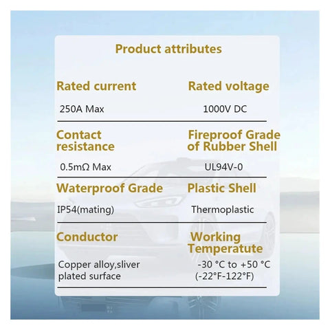 Product attributes of CCStoCCS2 DC Fast Charging Adapter 250 Amp 250 KW 1000V Electric Vehicle Charger with detailed specifications.