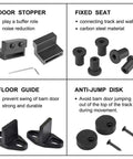 Components of Black Steel Sliding Barn Door Hardware Kit With Big Rollers, 8 Foot Track, including door stopper and anti-jump disk.