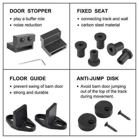 Components of Black Steel Sliding Barn Door Hardware Kit With Big Rollers For 7 Foot Track Easy To Install With All Hardware