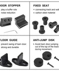 Components of Black Steel Sliding Barn Door Hardware Kit With Heavy Duty Big Rollers For 5Ft To 9.6Ft Track Systems.