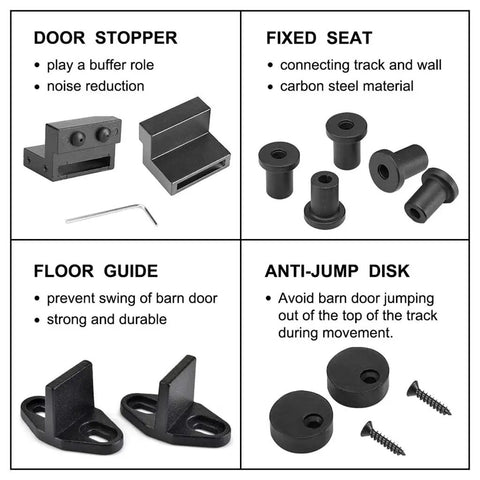 Components of Black Steel Sliding Barn Door Hardware Kit With Heavy Duty Big Rollers For 5Ft To 9.6Ft Track Systems.