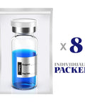 8-pack of 10 mL borosilicate glass vials with blue liquid, sealed with flip-top closures