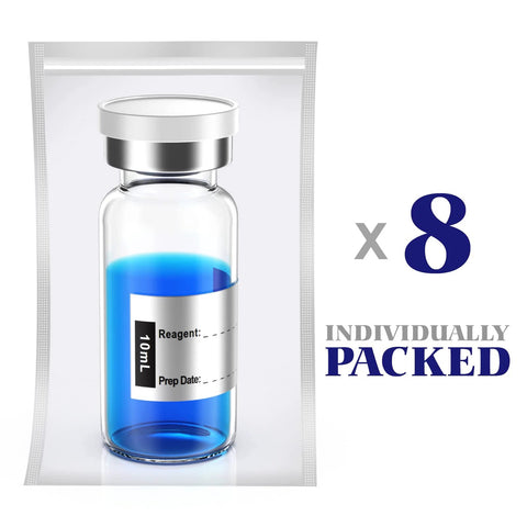 8-pack of 10 mL borosilicate glass vials with blue liquid, sealed with flip-top closures