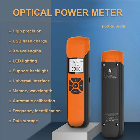 Front and back view of Dope Little Fiber Optic Power Meter And Cable Tester With Nine Calibrated Wavelengths, featuring LED display.