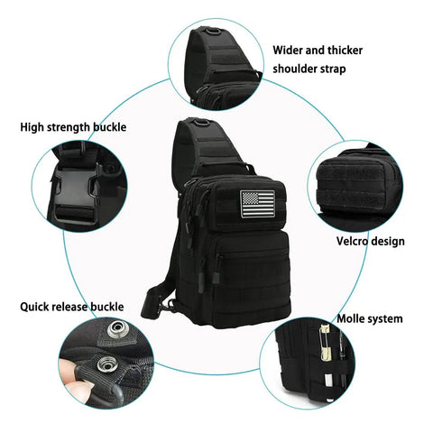 Compact Tactical Travel Sling Bag With Molle System Crossbody Shoulder Pack featuring padded straps and durable 900D nylon.