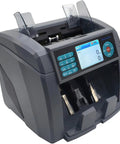 Hassle Free Multi Currency Money Counter Machine With Advanced Cis Sensor Authentication Automatic Receipt Printing High Speed Bill Sorting For Retail Bosses And Daily Cash Handlers, gray design with digital display.