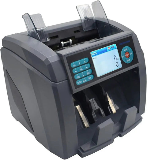 Hassle Free Multi Currency Money Counter Machine With Advanced Cis Sensor Authentication Automatic Receipt Printing High Speed Bill Sorting For Retail Bosses And Daily Cash Handlers, gray design with digital display.