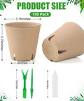 150 Pack All In One Seed Starter Kit Biodegradable Peat Pots 3.15 Inch With Drainage Holes displayed with labels and tools