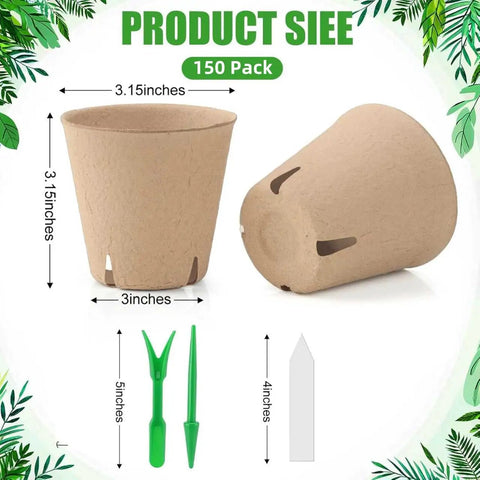 150 Pack All In One Seed Starter Kit Biodegradable Peat Pots 3.15 Inch With Drainage Holes displayed with labels and tools