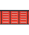 Rock Solid Ten Foot Heavy Steel Workbench And Tool Cabinet Featuring Fifteen Locking Drawers And Pre Cut Non Slip Liners For Your No Nonsense Garage Setup - front view showing red and black design.