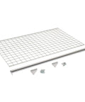 Heavy Duty Wire Mesh Storage Shelf For Security Cages And Warehouses With Gray Epoxy Finish And 100 Lb Capacity That Is Built Different For Solid Warehouse Organization At 48 X 24, featuring a wire mesh shelf with supporting hardware.