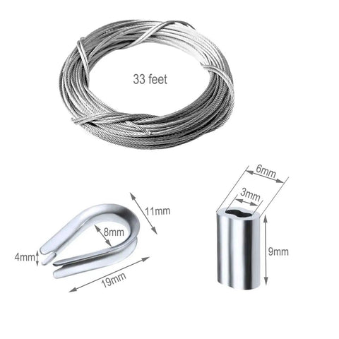 Stainless Steel Wire Rope 316 Marine Grade 7x7 Cable Kit with 33 ft rope, crimp sleeve, and thimble, for diverse hardware applications.